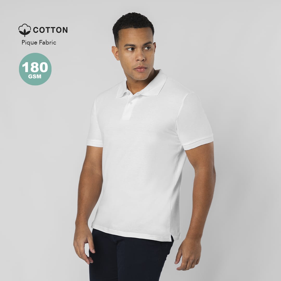A white adult polo shirt made of cotton pique fabric, featuring a collar and a logo. Charles Adult White Polo Shirt - Image 1