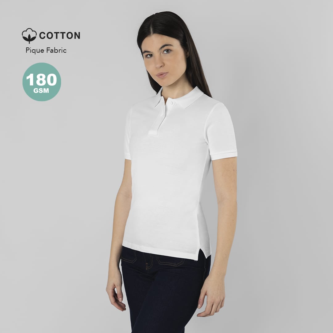 A white women's polo shirt made of cotton pique fabric, featuring a short sleeve design and a subtle logo. Charles Women White Polo Shirt - Image 1