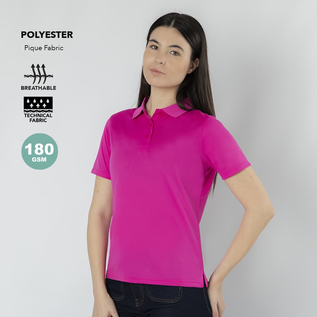 A pink polo shirt made from breathable polyester with technical fabric features. It has a logo on the side. Tecnic Plus Women Polo Shirt - Image 1