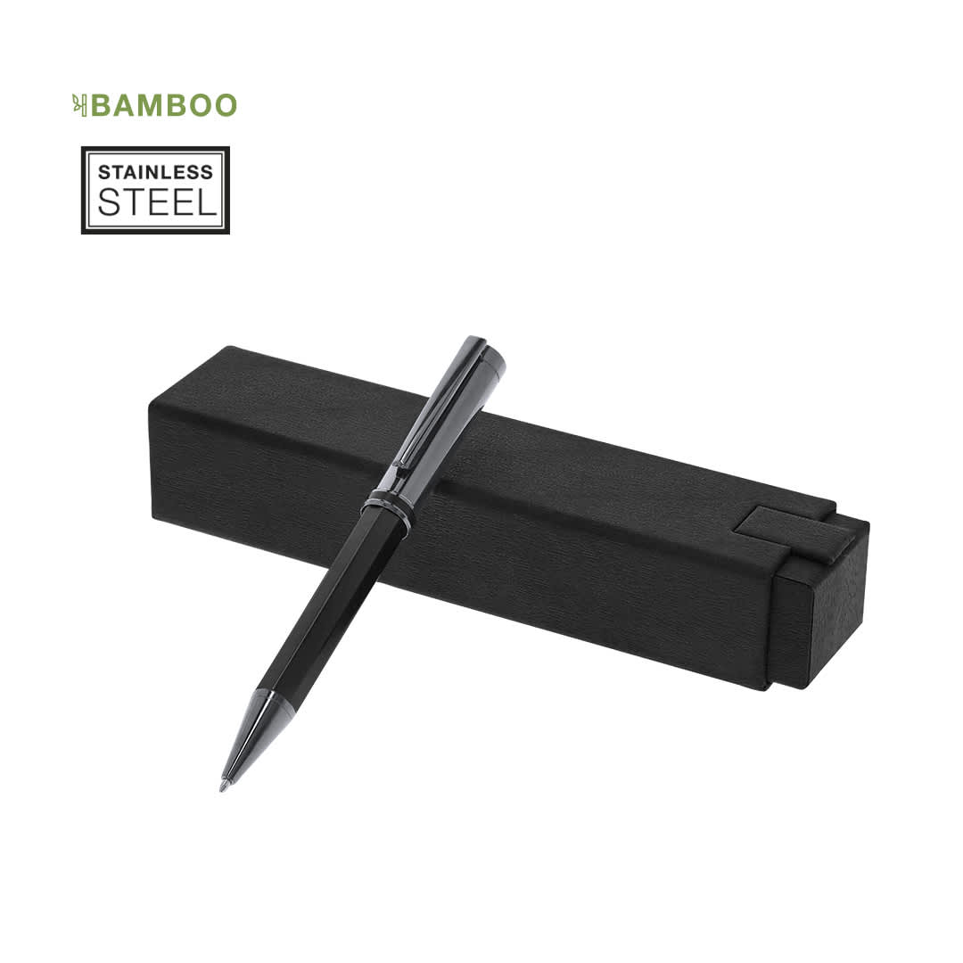 A metal pen in black, resting on a black box with a logo. The pen features a stainless steel design. Baray Pen - Image 1