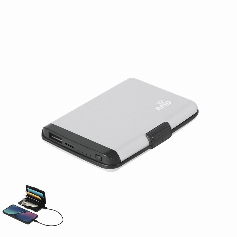 A portable RFID card holder in grey and black, featuring a USB port and several compartments for cards. Chefler - Image 1