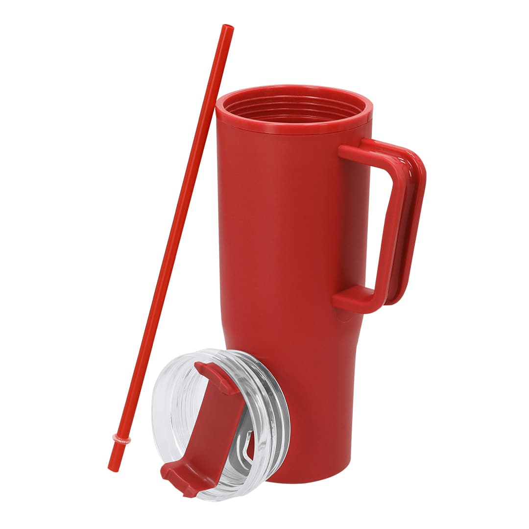 A red insulated mug with a handle, a clear lid, and a red straw included. It features a logo. Gabrion Insulated Mug - Image 1