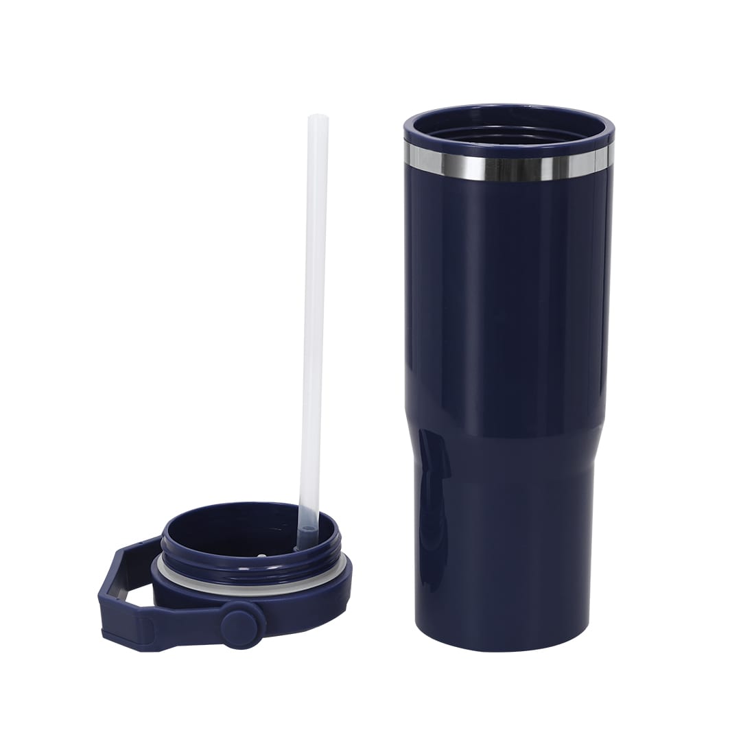 A drink bottle in navy blue with a stainless-steel rim, featuring a removable lid and straw. It includes branding. Bastien Insulated Cup - Image 1