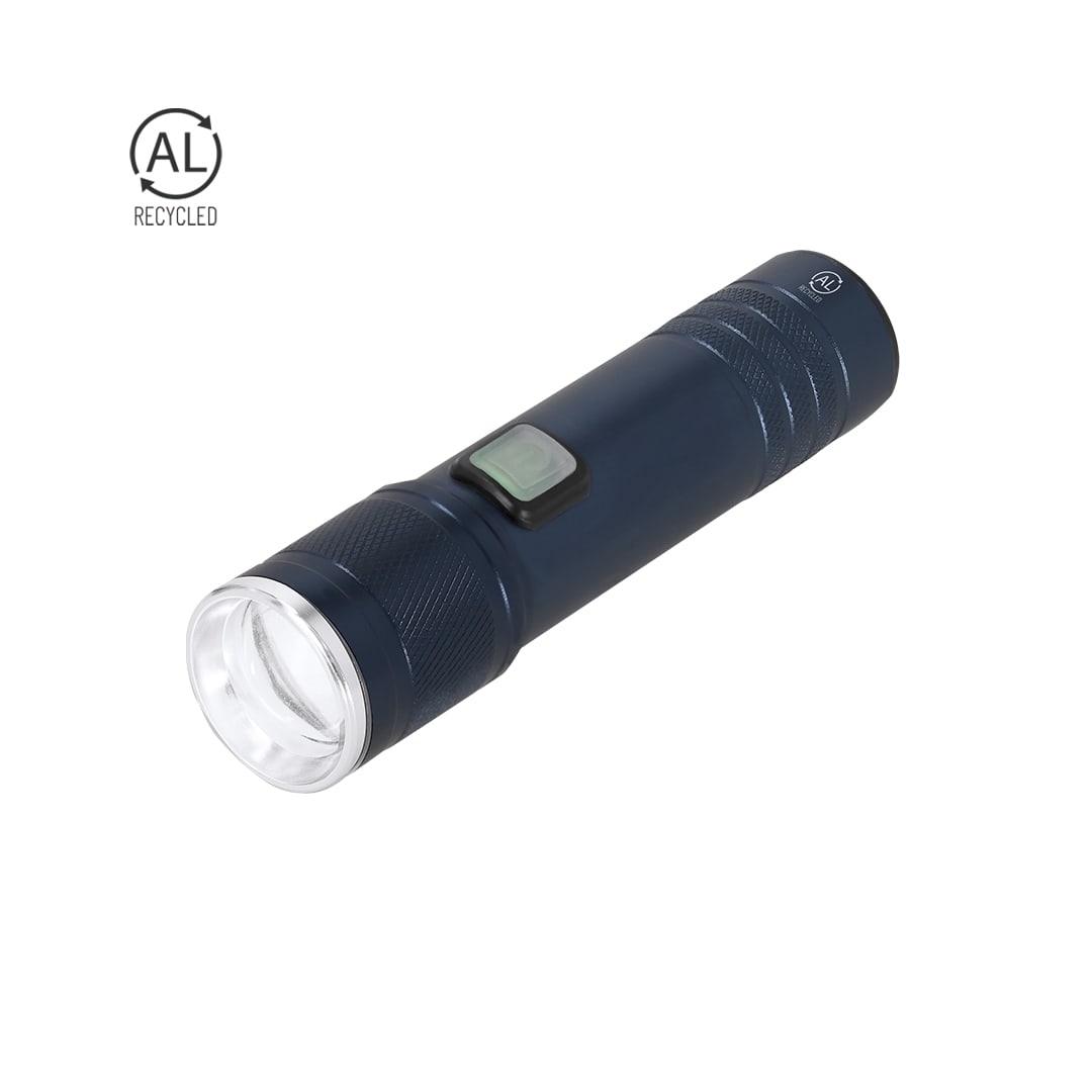 A navy blue torch featuring a textured grip, a button switch, and a bright light bezel. Includes a branding logo. Benyor Torch - Image 1