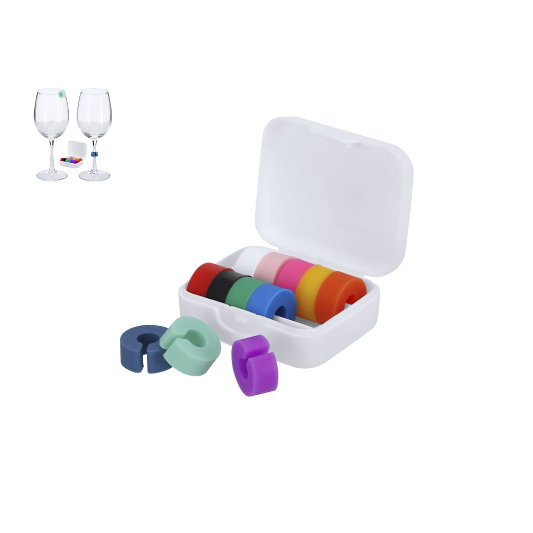 A set of colourful silicone glass identifiers in a white case, featuring various bright shades. Emelya Glass Identifier - Image 1