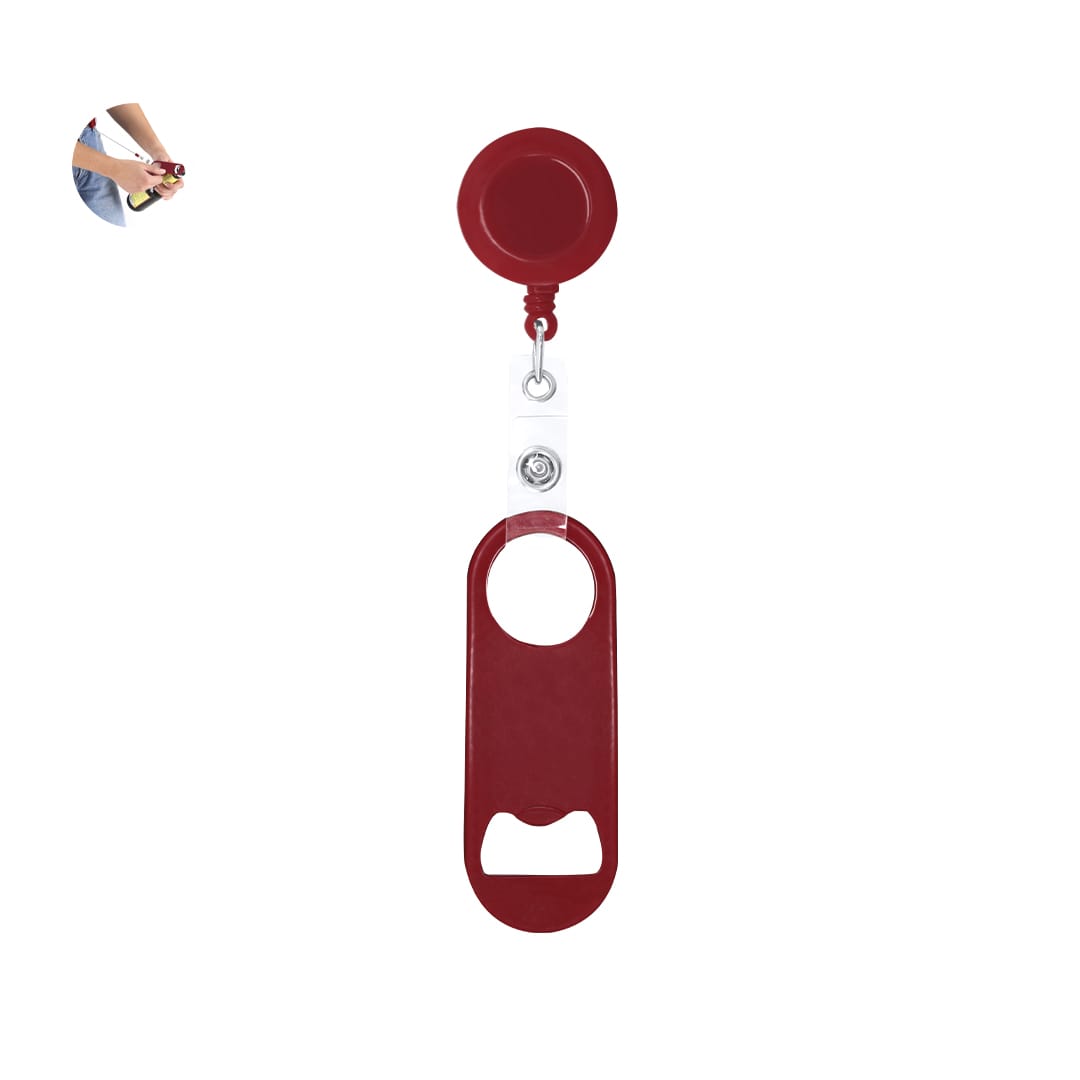 A drink bottle opener in red with a keyring attachment, featuring a logo at the top. Auryel Opener - Image 1