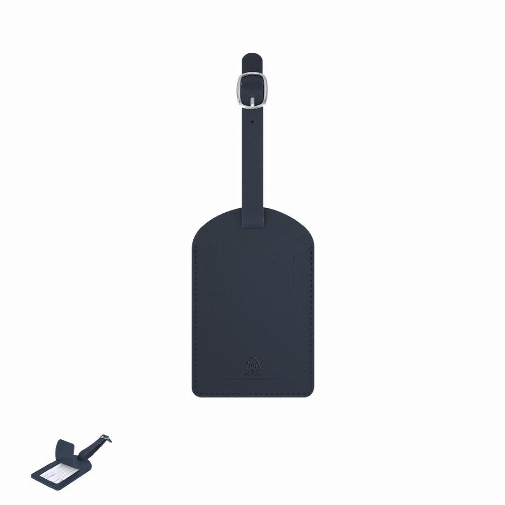 A luggage tag in navy blue with a secure buckle strap and a transparent ID window. Features branding on the front. Mathiax - Image 1