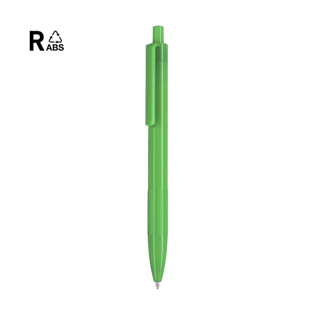 A green plastic pen with a clip and a logo on the upper left corner. Marcy Pen - Image 1