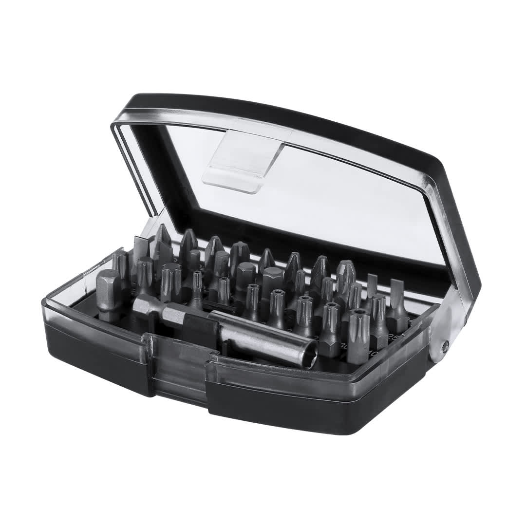 A black and clear tool set case containing various metal bits and a handle for screws. Calquix Tool Set - Image 1