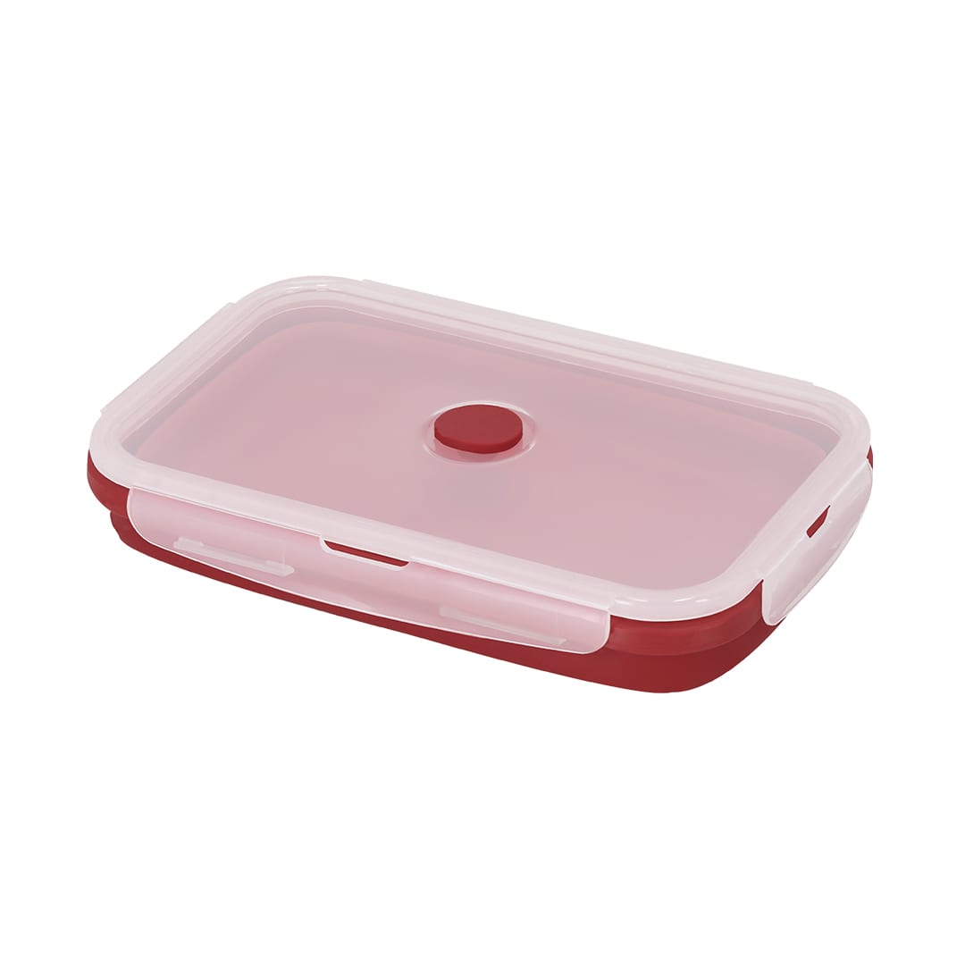 A red and clear lunch box with a secure lid, featuring a central button and side clasps. Numix Lunch Box - Image 1