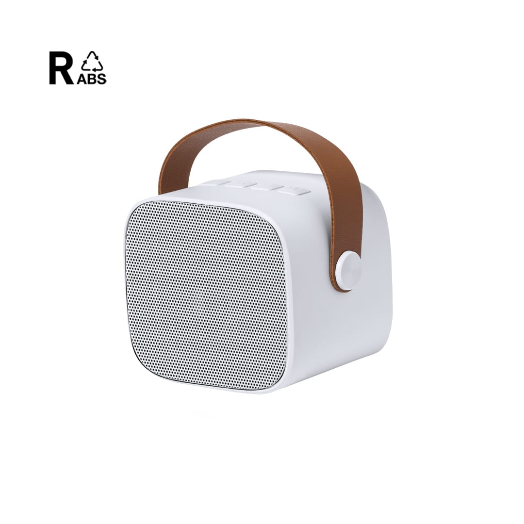 A white speaker with a brown leather handle and a perforated front, featuring a logo on the top left corner. Matjoy Speaker - Image 1