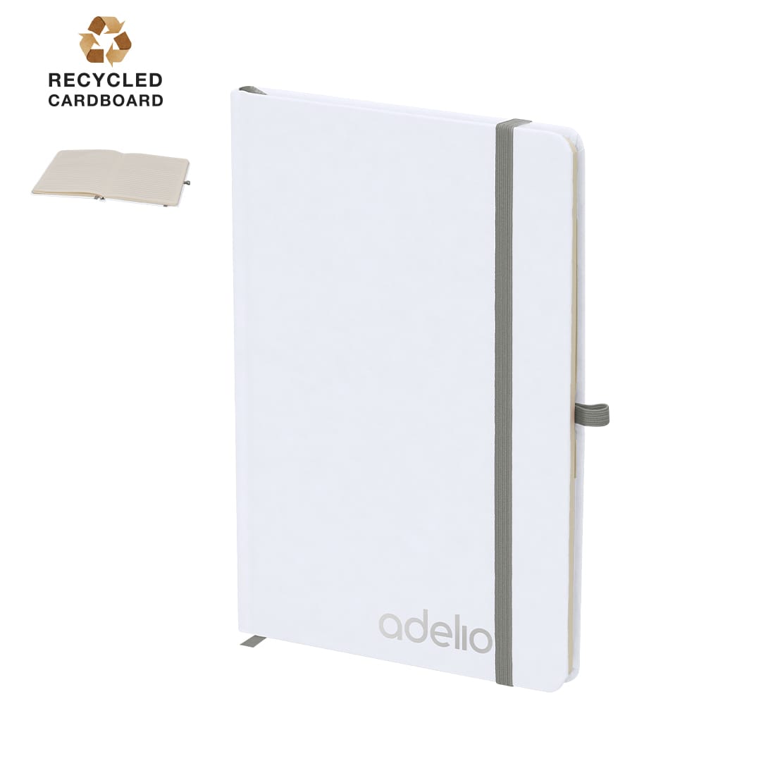 A white notepad with a grey elastic band, made from recycled cardboard, featuring a logo on the cover. Cosnova Notepad - Image 1