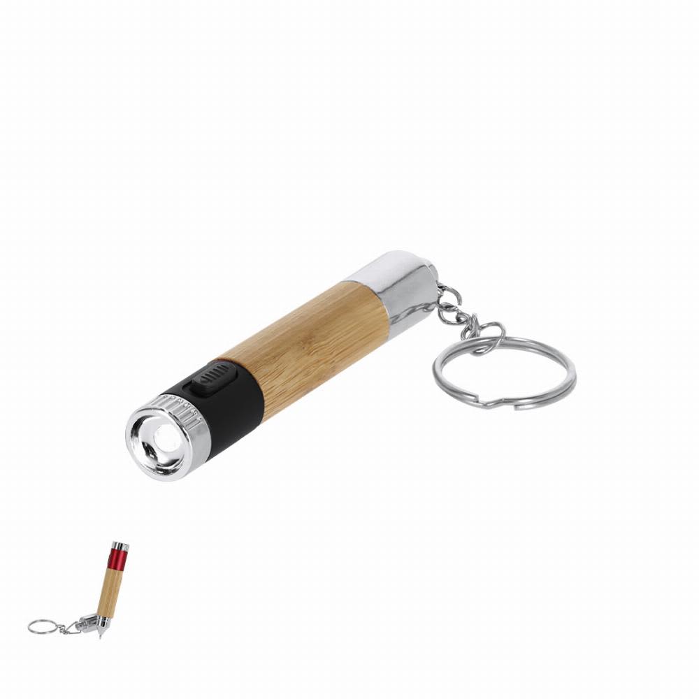 A keychain torch with a bamboo body, silver metal accents, and a black grip. Features a key ring attachment. Nebula - Image 1