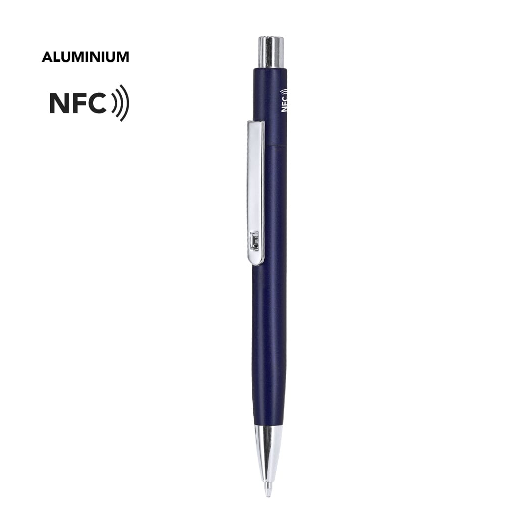 A metal pen in navy blue with a silver clip, featuring NFC technology and a small logo. Pindar Pen NFC - Image 1