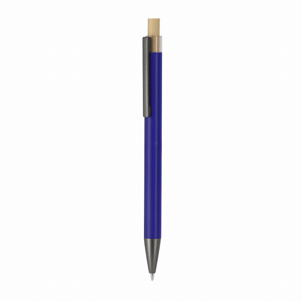 A pen with a blue barrel, black clip, and a light-coloured top, featuring a branding logo. Rowan - Image 1
