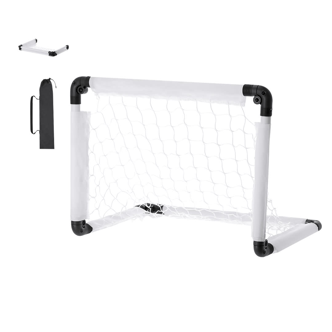 A white and black portable goal post featuring a net, displayed with a carrying bag and an additional mounting component. Biosan Goal Post - Image 1