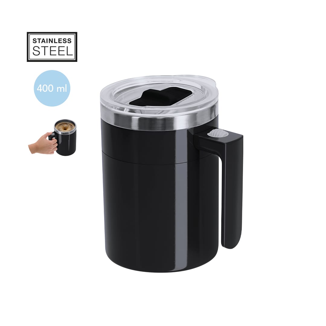 A black stainless steel mixing mug with a lid and handle, featuring a 400 ml capacity. Waker Mixing Mug - Image 1