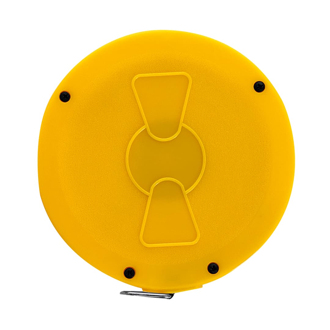 A yellow tape measure with a circular design, featuring a central winding mechanism and a branded logo. Nathor 15m Tape Measure - Image 1