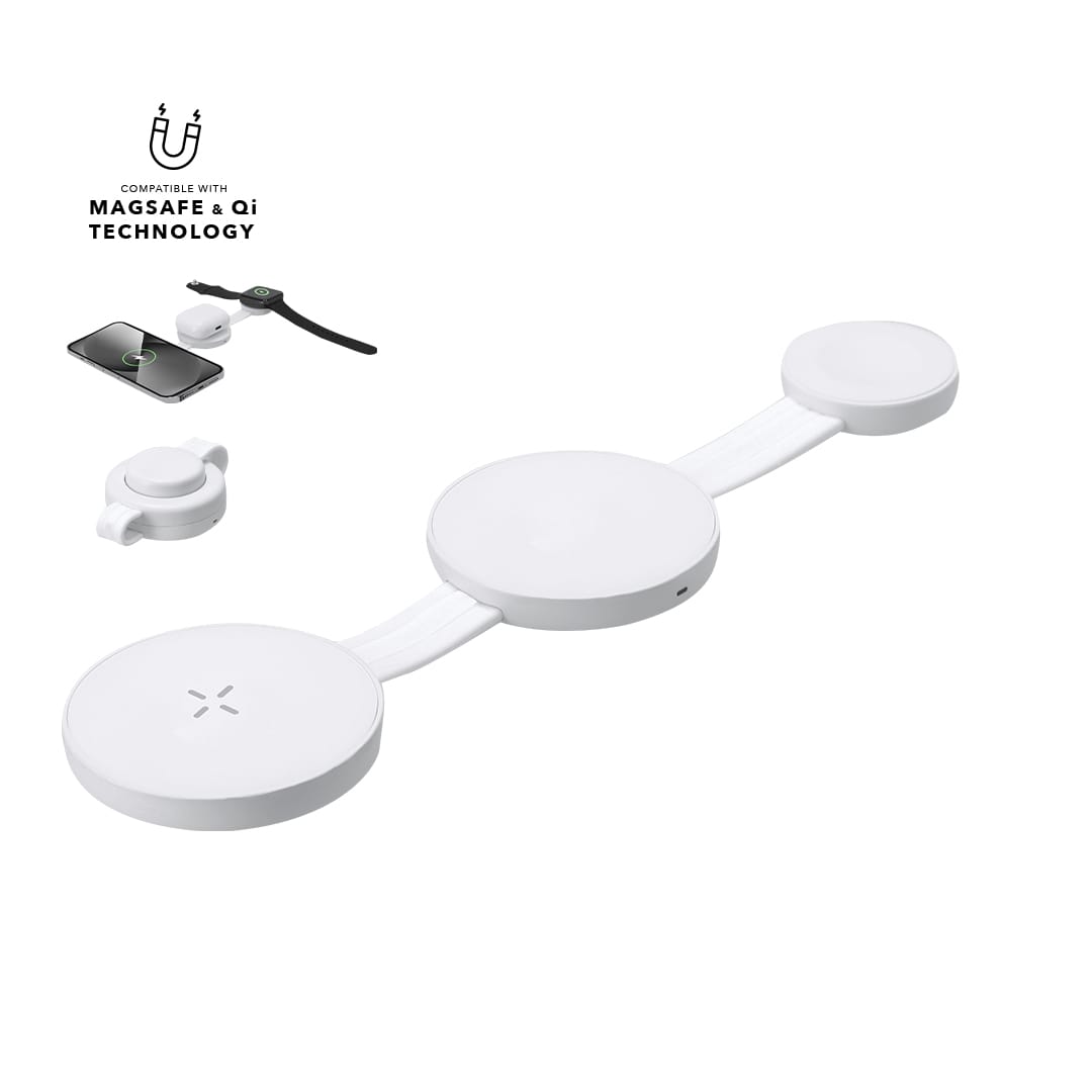 A white wireless charger with three circular charging pads and a logo. Suitable for devices with MagSafe and Qi technology. Sunder Charger - Image 1