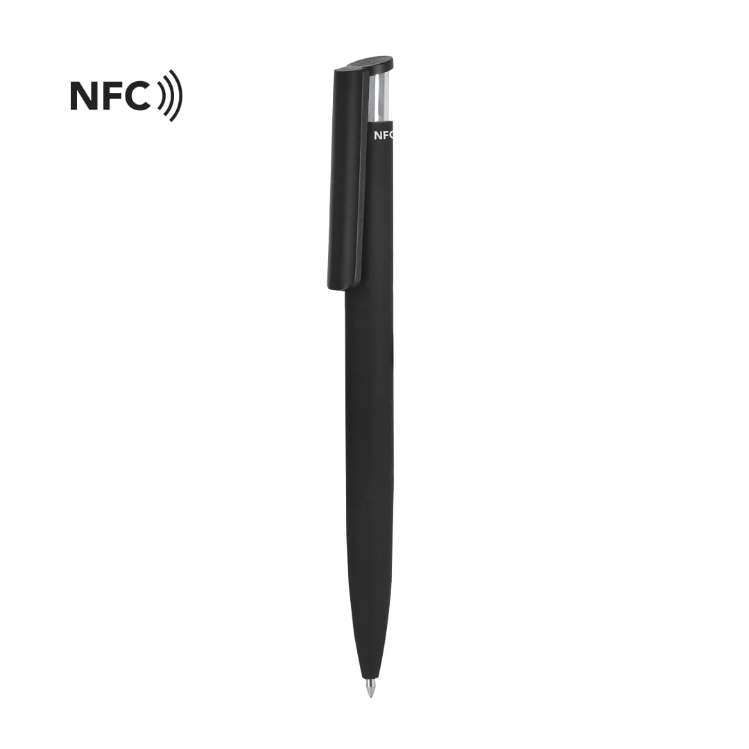 A black plastic pen with a sleek design and a clip, featuring an NFC logo on one side. Narys Pen NFC - Image 1