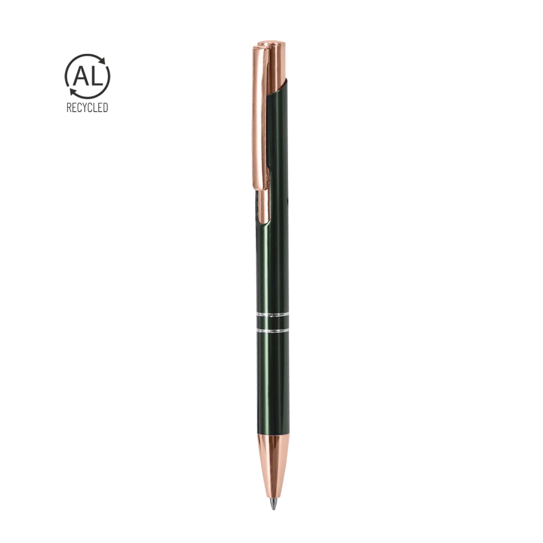 A metal pen featuring a green body with rose gold accents and a clip. Includes a logo. Croft Pen - Image 1