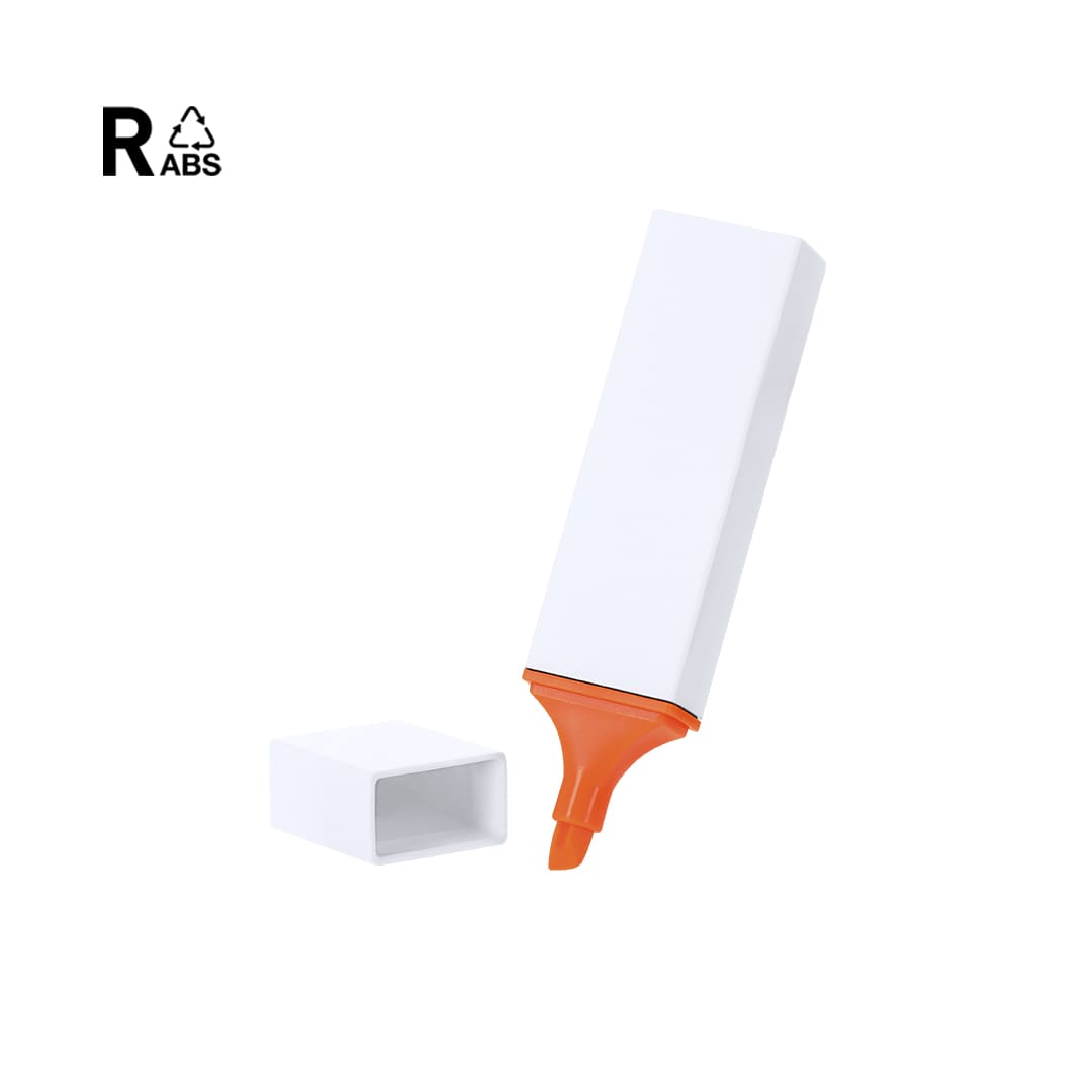 A highlighter in white casing with an orange tip, featuring a logo on the side and a cap removed. Wulf Highlighter - Image 1