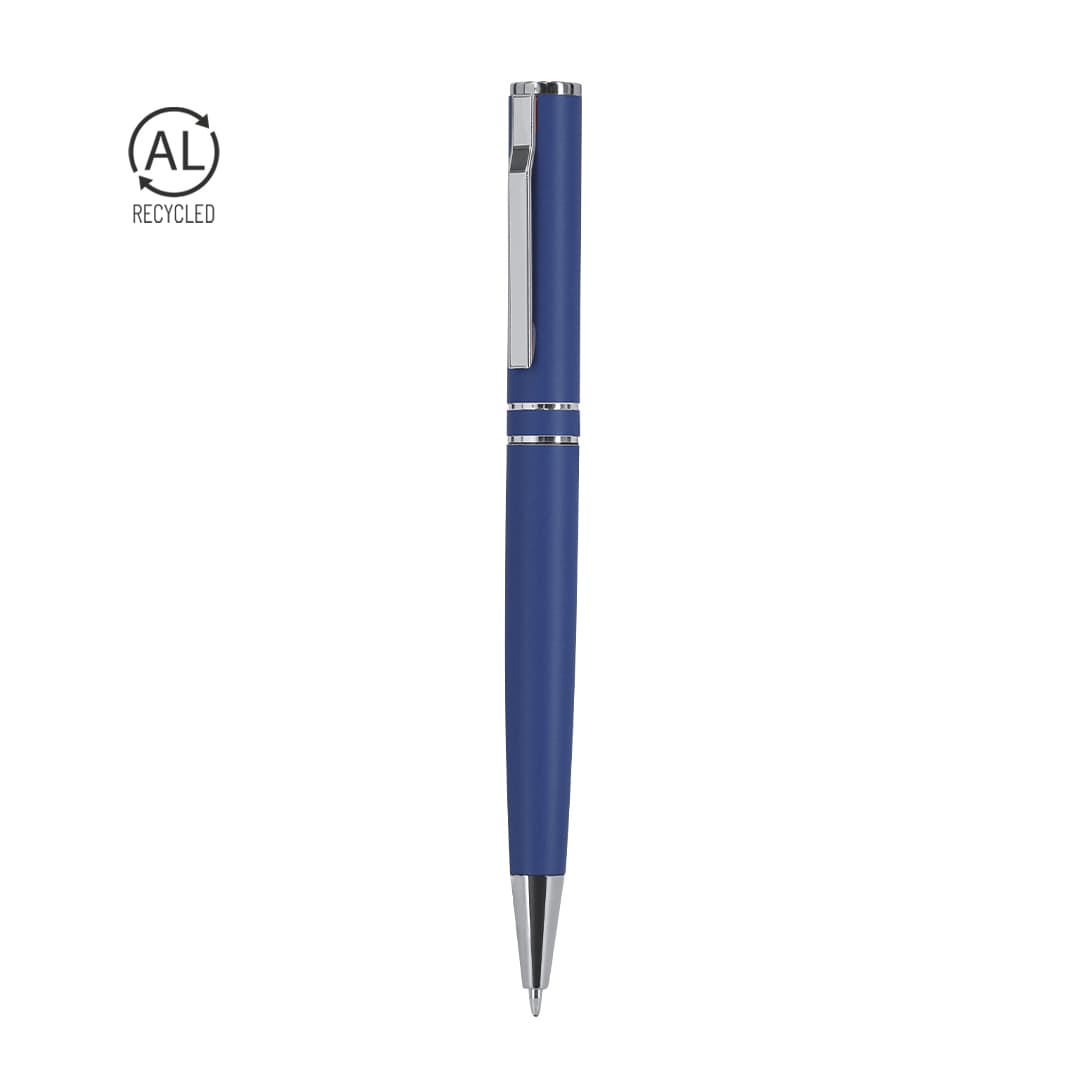 A blue metal pen with a sleek design and a silver clip, featuring a logo. Yaros Pen - Image 1