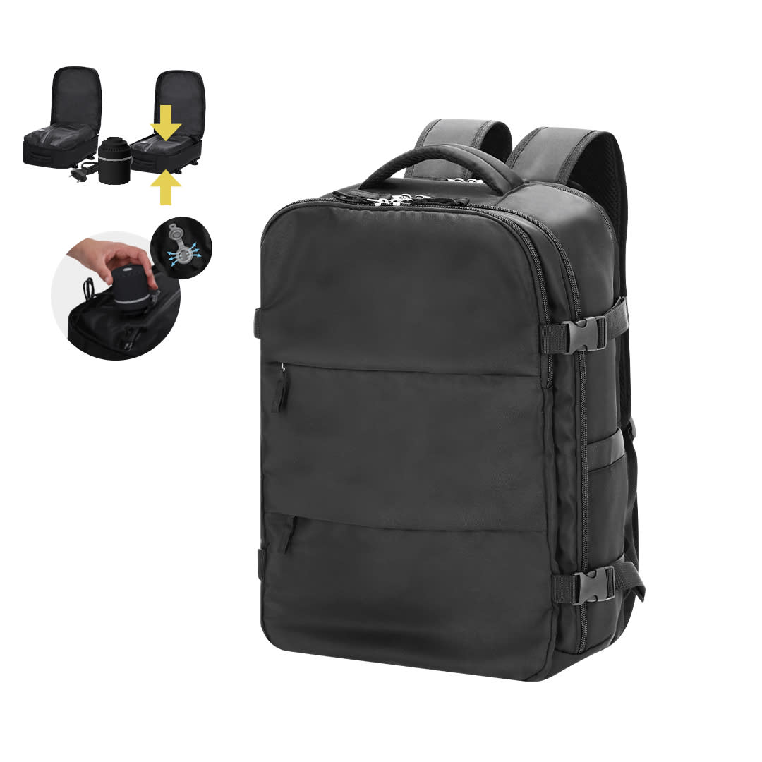 A black backpack with multiple compartments and a logo, featuring adjustable straps and a sleek design. Tempest Vacuum Backpack - Image 1