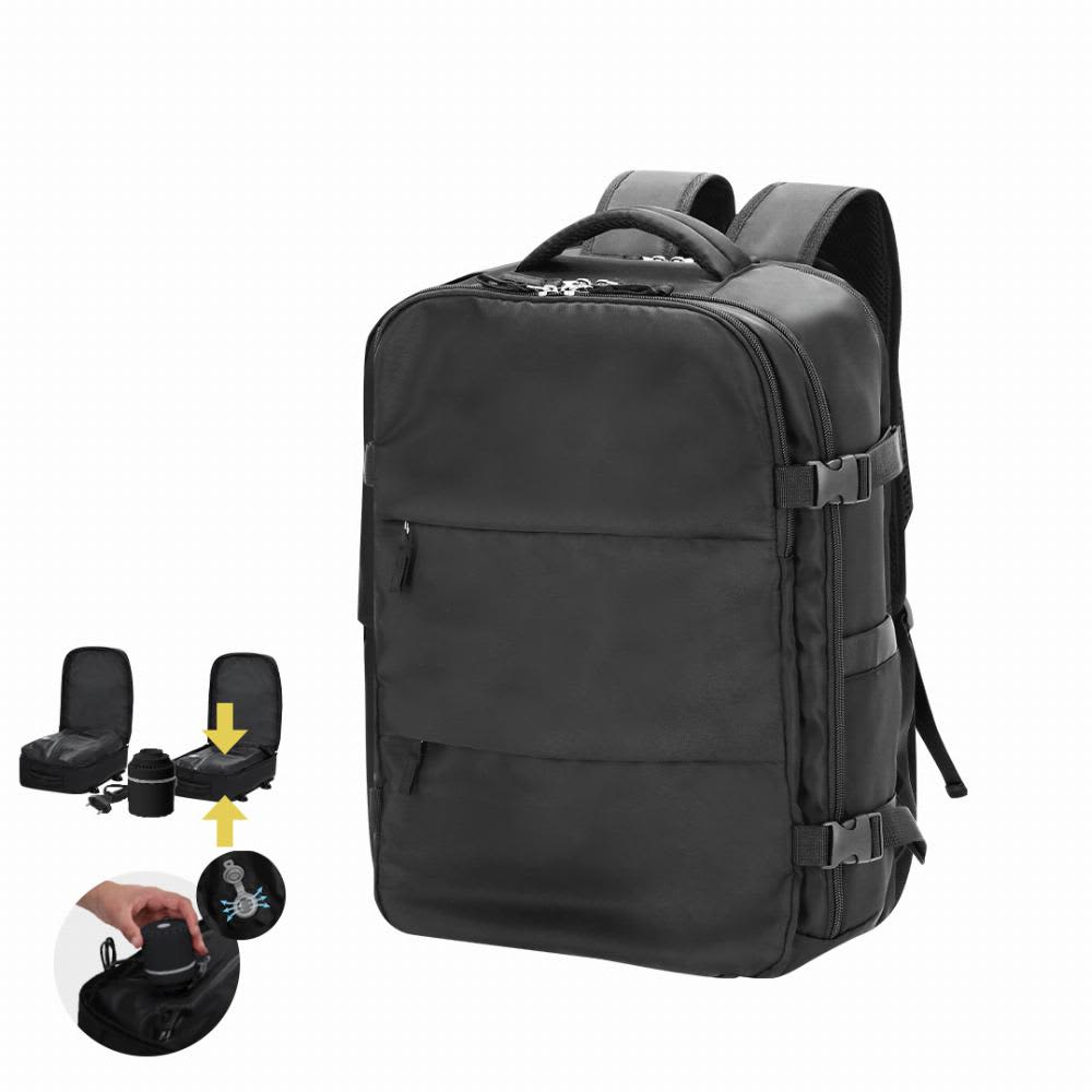 A black backpack with multiple compartments and zippers, featuring a logo and an external USB charging port. Tempest - Image 1