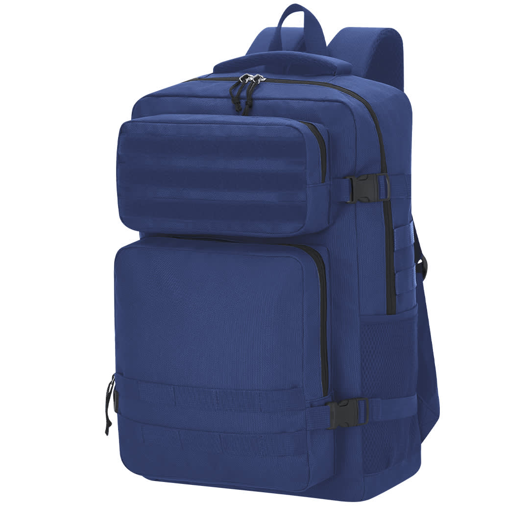 A navy blue backpack with multiple compartments and zippers, featuring a branding logo. Colossus Backpack - Image 1