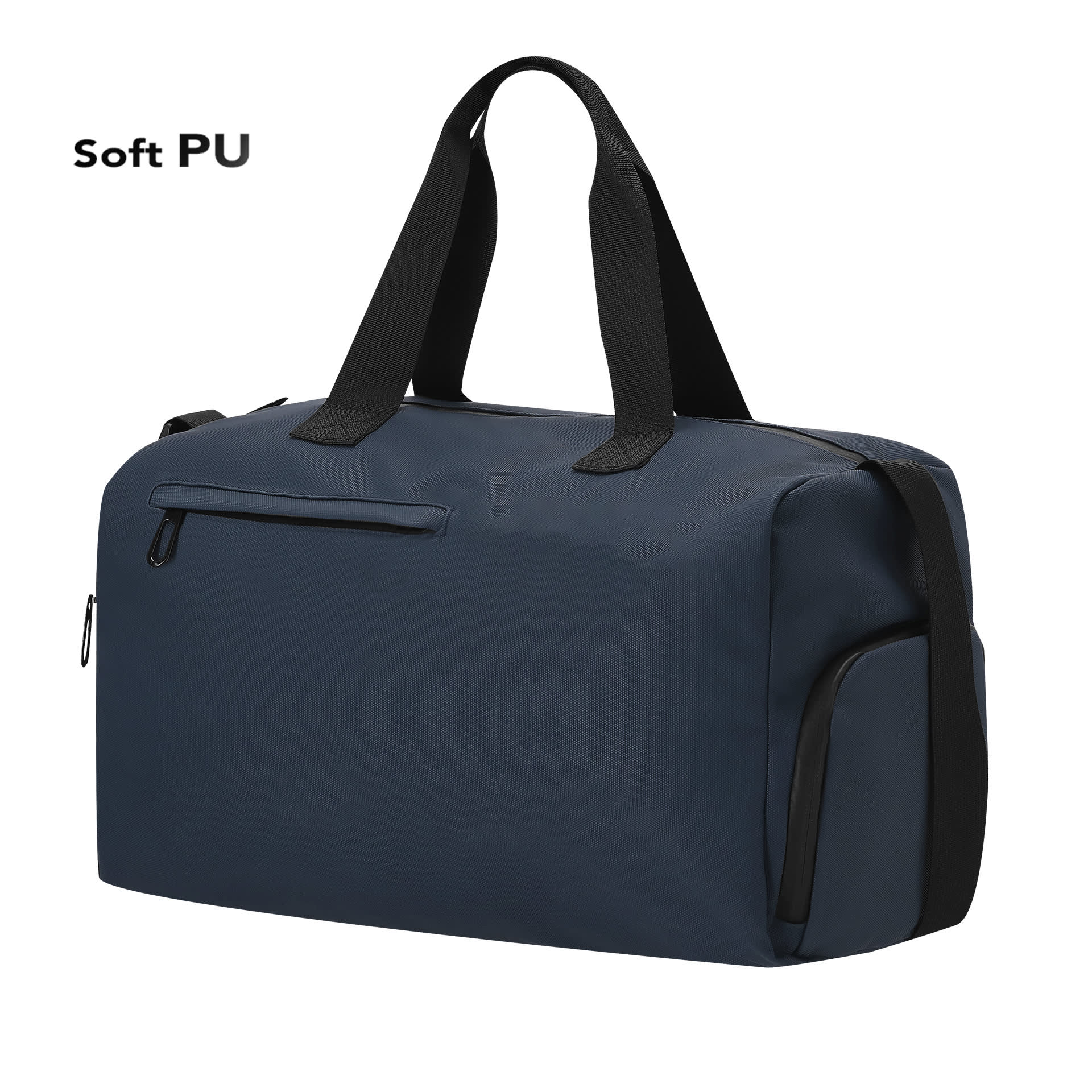 A navy blue duffle bag with black handles and a zippered pocket, featuring a logo on the front. Praxis Bag - Image 1