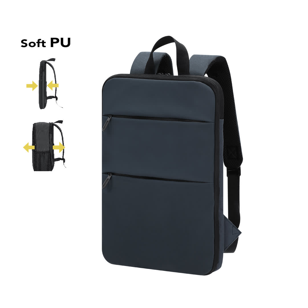 A sleek navy backpack with two front zippers and adjustable padded straps. It has a logo on the front. Oracle Backpack - Image 1