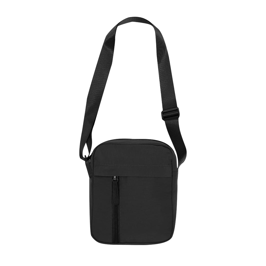 A black shoulder bag with a zippered front pocket and an adjustable strap. Features branding. Zynax Shoulder Bag - Image 1