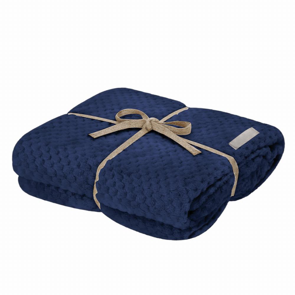 A navy blue blanket elegantly tied with a ribbon, featuring a textured design. Iridian - Image 1