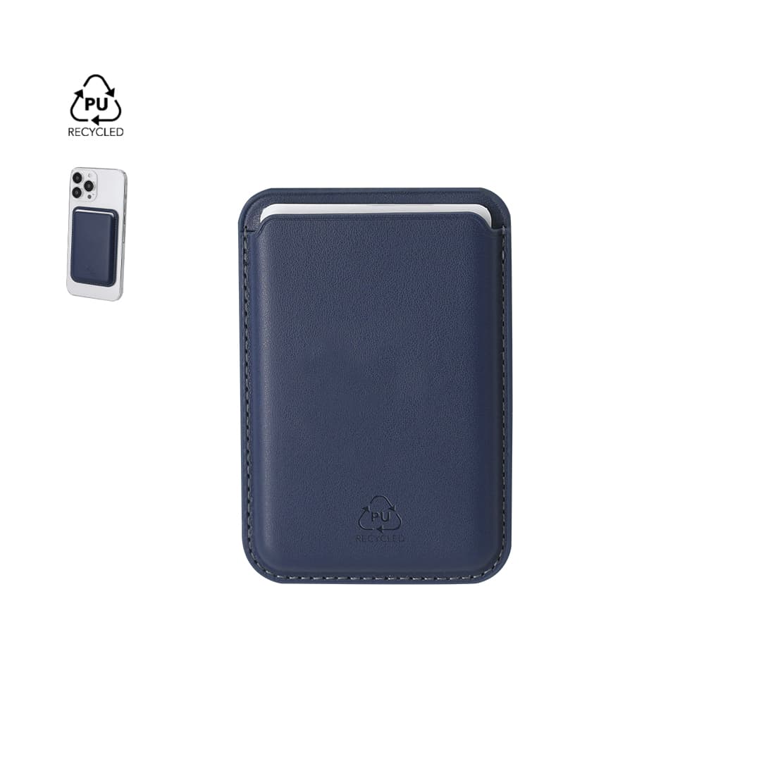 A navy card holder with a textured finish and a logo, designed for carrying cards and small items. Silvan Card Holder - Image 1