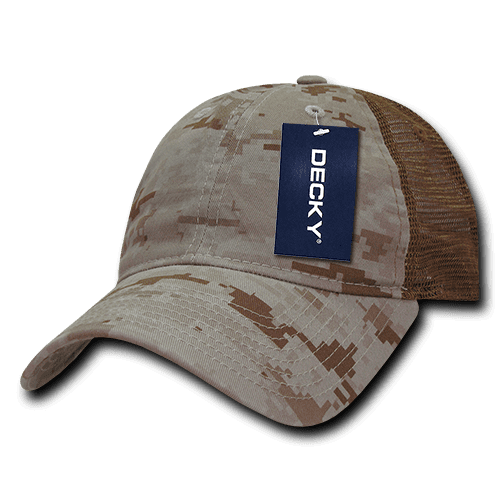 A camo trucker cap in shades of beige and brown with a mesh back and a brand tag attached. 6 Panel Low Profile Relaxed Camo Trucker - Image 1