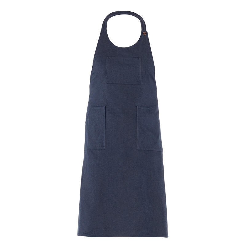 A navy blue apron featuring two front pockets and a neck strap, with a logo on it. Alabama Apron - Image 1