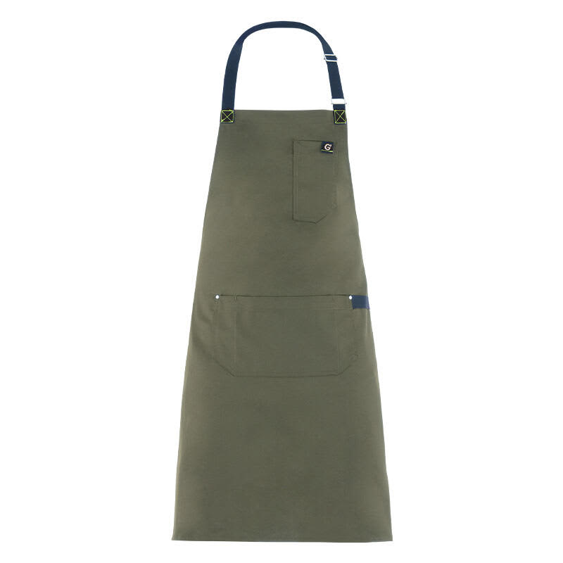 A green jersey apron with a pocket and a logo. It features a blue neck strap and contrasting stitching. Jersey Apron - Image 1