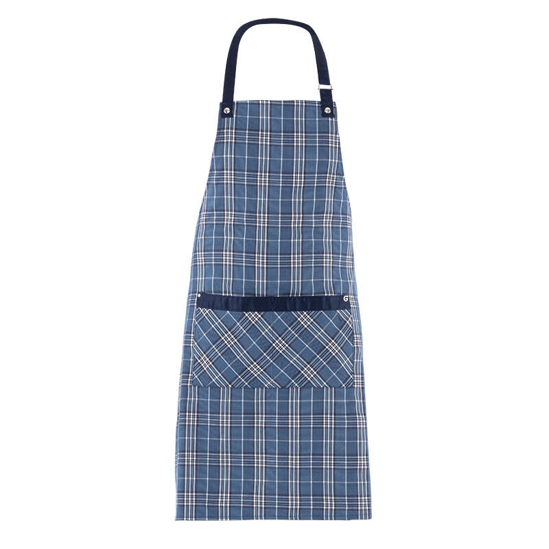A navy and blue checked apron with a pocket, featuring a branding logo. Ohio Apron - Image 1