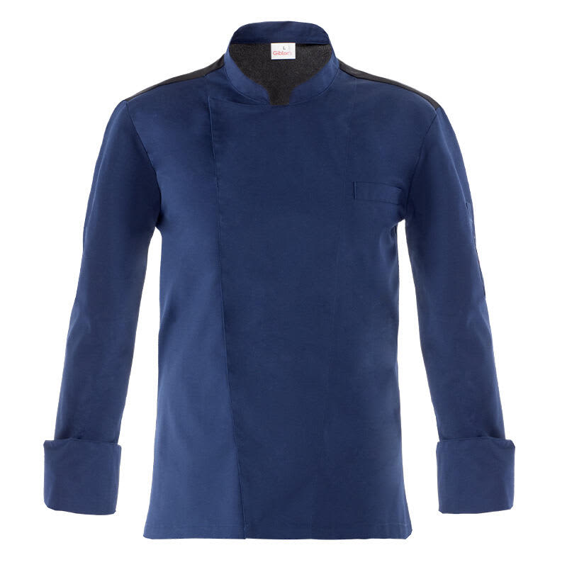 A navy blue chef jacket featuring long sleeves and a stand-up collar, with a patch pocket on the front and a logo. Raul Jacket - Image 1