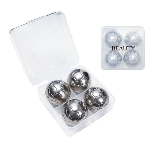 A clear container holding four stainless steel football-shaped ice cubes, featuring a logo on the packaging. Stainless Steel Football Ice Cubes - Image 1