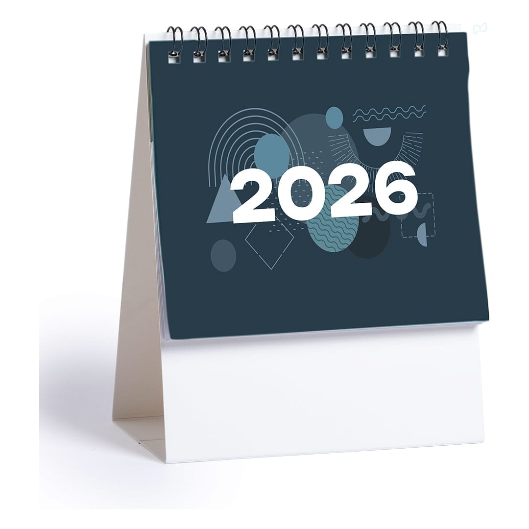 A desk calendar with a spiral top displaying abstract shapes in shades of blue, featuring the year 2026 prominently. Ener Desktop Calendar - Image 1