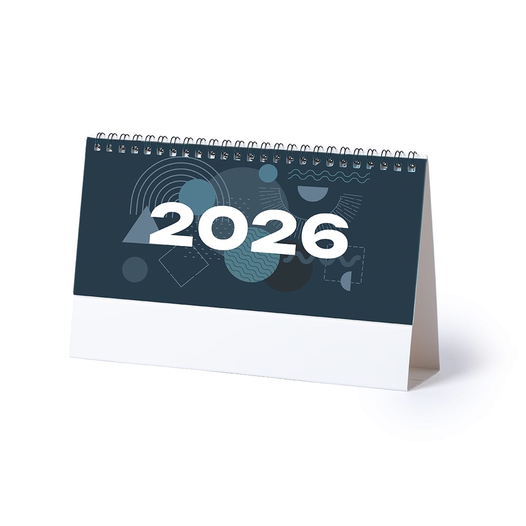 A desk calendar for 2026 featuring a dark background with colourful geometric shapes and a white base. Feber Desktop Calendar - Image 1