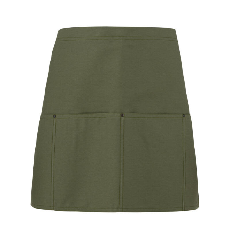 An olive green apron featuring two front pockets and a simple design, with a logo present. Seattle Apron - Image 1