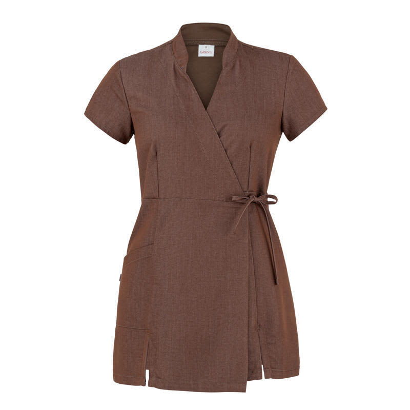A brown salon kimono dress featuring short sleeves, a wrap design, and side pockets, with a tie waist. Paola Kimono - Image 1