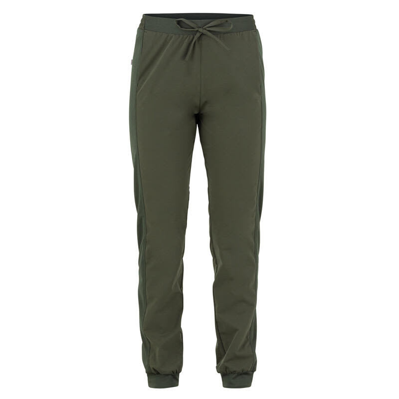 Olive green pants with a drawstring waist and fitted cuffs, featuring side panels and a logo. Taylor Pants - Image 1