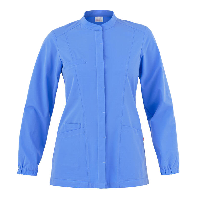 A blue tunic jacket featuring long sleeves and multiple pockets, with a logo on the fabric. Lia Tunic Jacket - Image 1