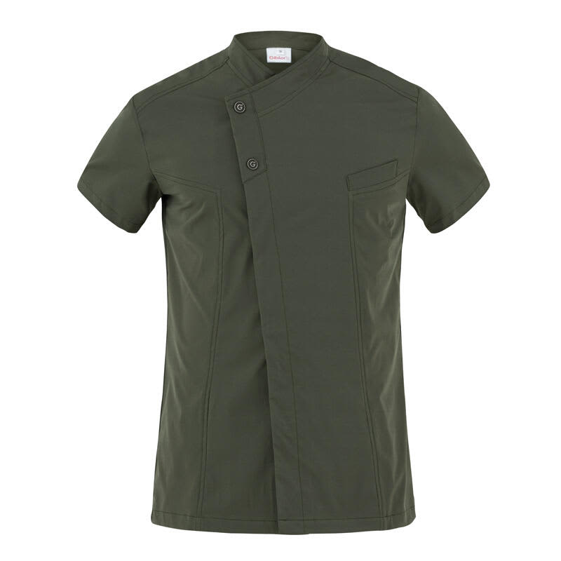 A short-sleeved jacket in olive green with a unique buttoned design and a chest pocket. It features a logo. Harry Jacket - Image 1