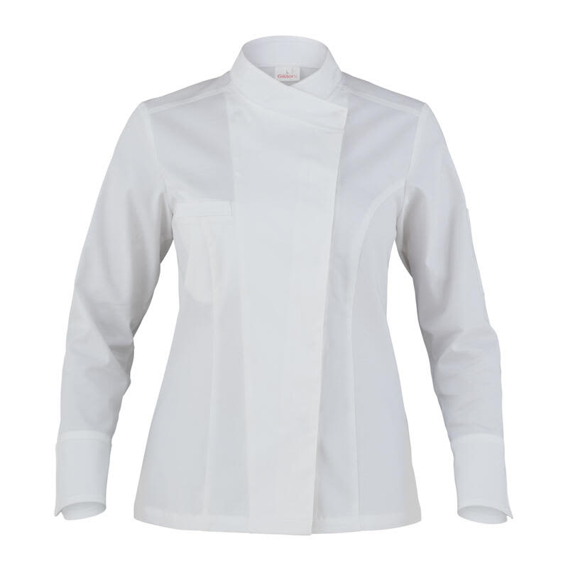 A white women's chef jacket with a modern design and long sleeves, featuring a branded logo. Nora Jacket - Image 1