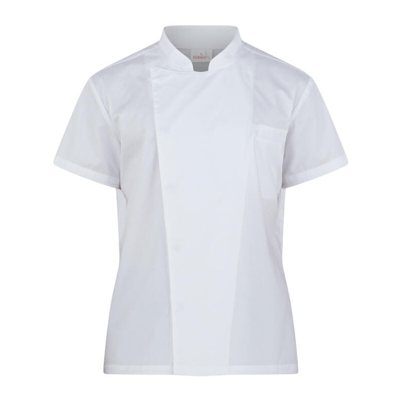 A white chef jacket with a short sleeve and a front pocket, featuring a logo. Daniel Jacket - Image 1